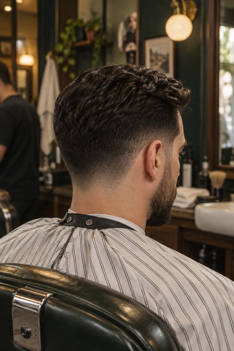 A men’s haircut with texture on top and a clean fade at the sides