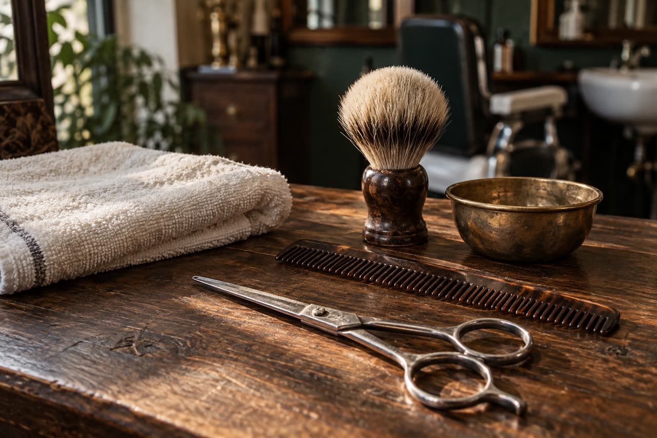 Scissors, comb, shaving brush and a brass bowl on a wooden counter