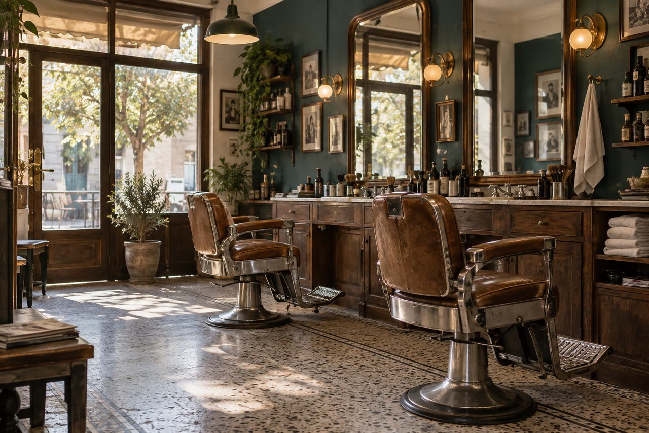Inside a classic barber shop with leather chairs, large mirrors and wooden counters