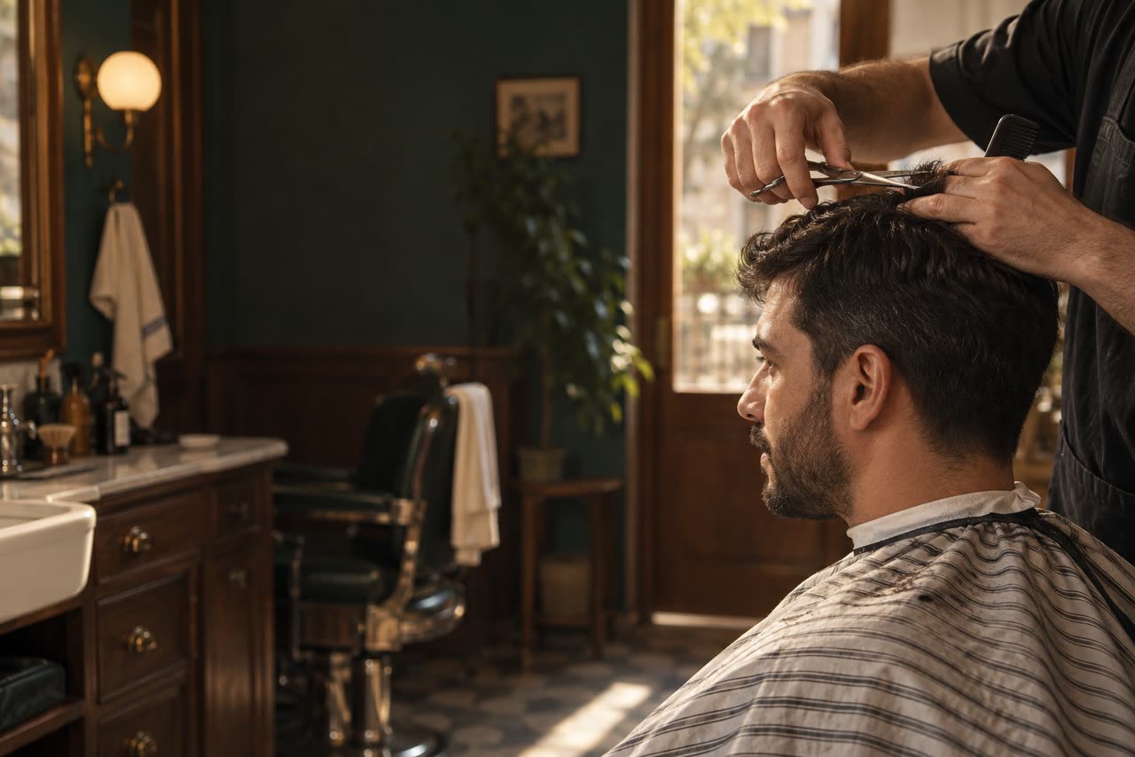 A barber cutting a client’s hair with scissors and a comb in a classic barber shop