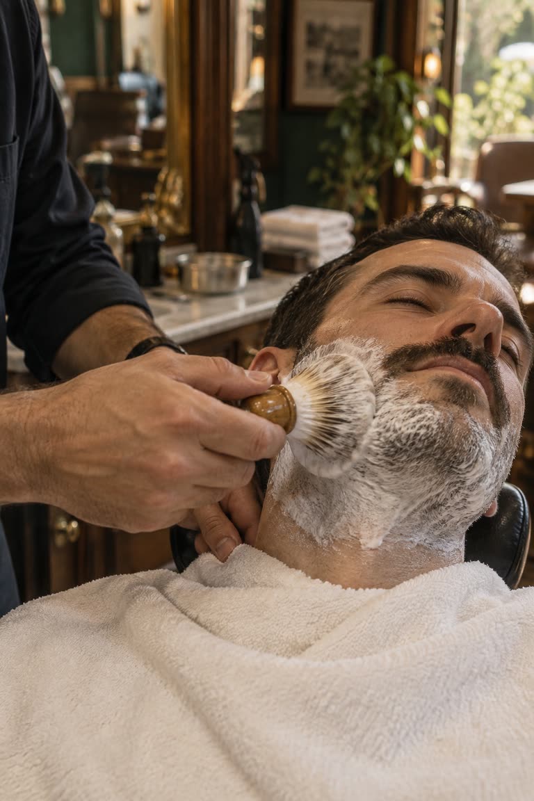 A shaving brush lathering a client’s beard
