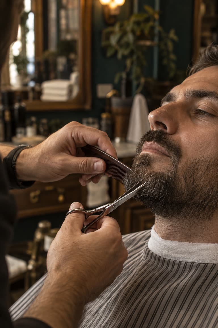 A beard being shaped with comb and scissors